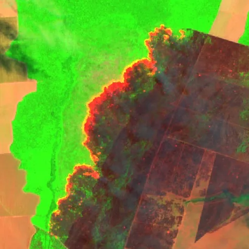 Wildfire near Aldeia Bacaeri (Oct 9) — Sentinel-2 SWIR (fuego)
