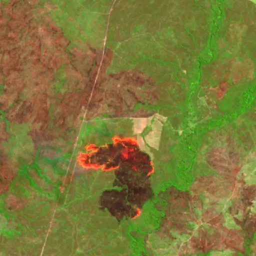 Wildfire near Almas (Aug 19) — Sentinel-2 SWIR (fuego)
