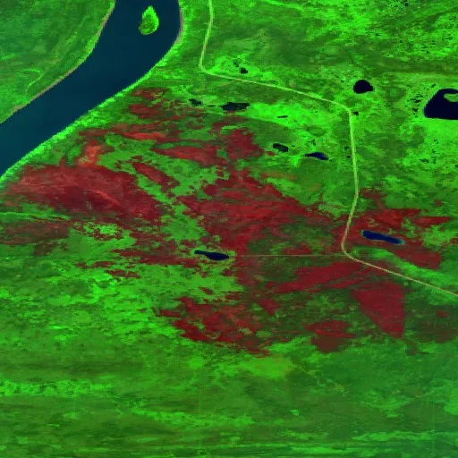 Wildfire near Fort Simpson (Jun 26) — Sentinel-2 SWIR (fuego)