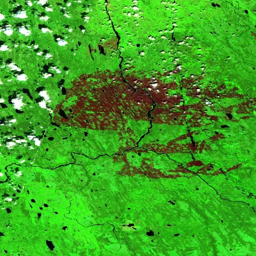 Incendio cerca de Eeyou Istchee James Bay (Jun 18) — Sentinel-2 SWIR (fuego)