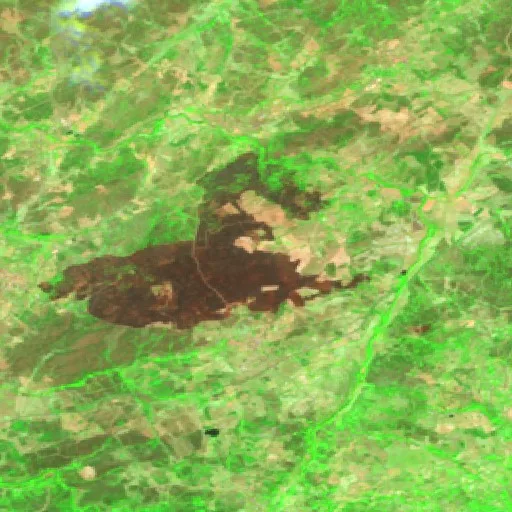 Incendio cerca de Figueiró da Granja (8 ago) — Sentinel-2 SWIR (fuego)
