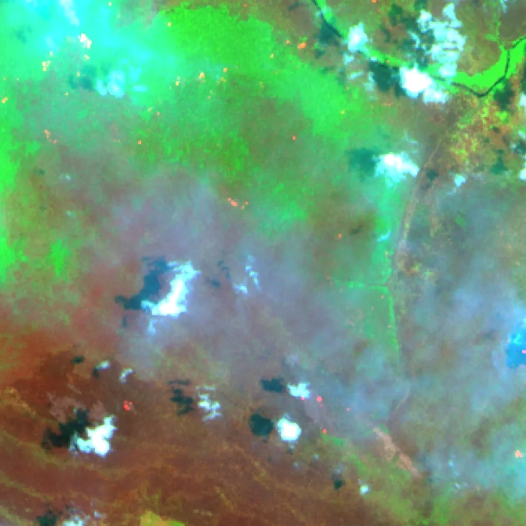 Wildfire near Kuala Pembuang (Oct 17) — Sentinel-2 SWIR (fuego)
