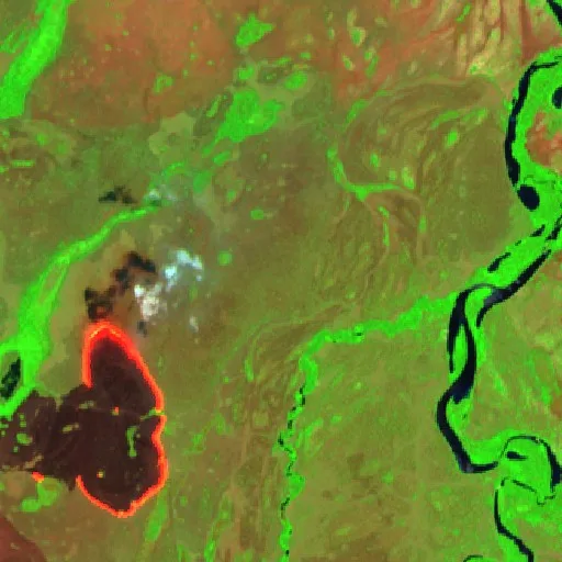 Incendio cerca de Lago Grande (16 oct) — Sentinel-2 SWIR (fuego)