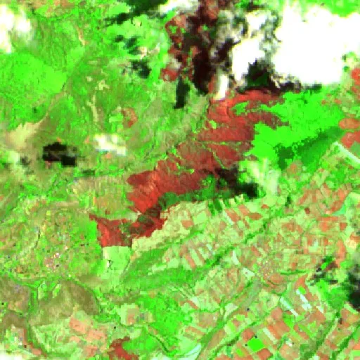 Wildfire near Mira — Sentinel-2 SWIR (fuego)