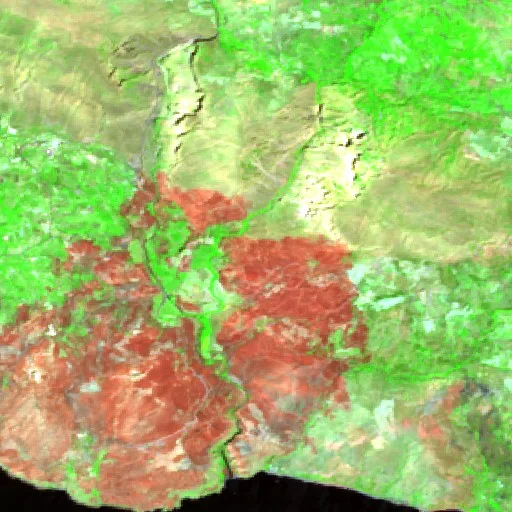 Wildfire near Agios Vasileios (Jul 31) — Sentinel-2 SWIR (fuego)