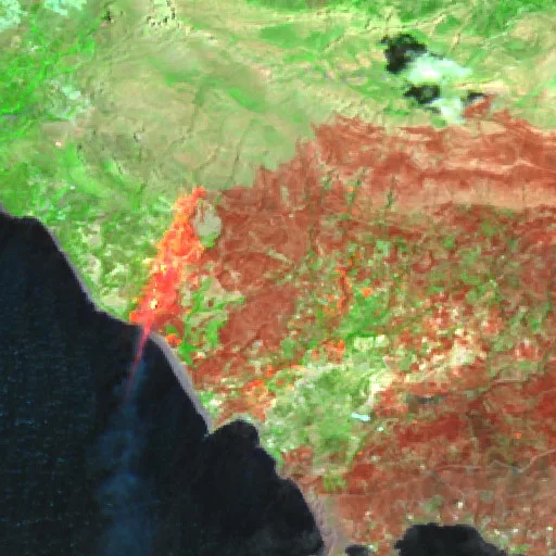 Incendio cerca de Agios Vasileios (30 jul) — Sentinel-2 SWIR (fuego)