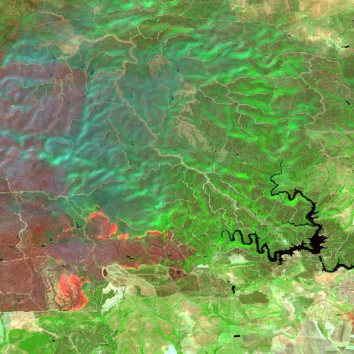 Wildfire near Niebla (Aug 14) — Sentinel-2 SWIR (fuego)