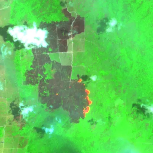 Wildfire near Pôrto Seguro (Oct 16 · NW) — Sentinel-2 SWIR (fuego)