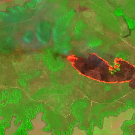 Wildfire near São Raimundo das Mangabeiras (Aug 14) — Sentinel-2 SWIR (fuego)