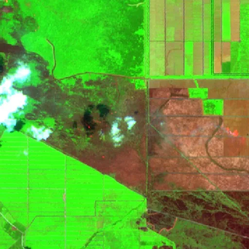 Wildfire near Tulung Selapan (Oct 8 · NW) — Sentinel-2 SWIR (fuego)