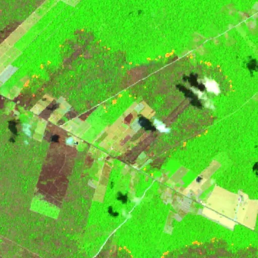 Wildfire near Vila de Curuá-Una (Oct 12 · N) — Sentinel-2 SWIR (fuego)