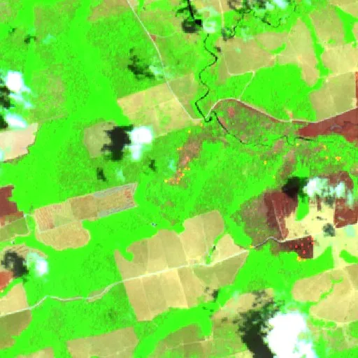 Wildfire near Vila Riozinho (Oct 9 · W) — Sentinel-2 SWIR (fuego)