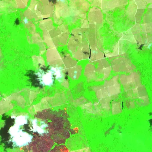 Wildfire near Vila Riozinho (Oct 9 · NE) — Sentinel-2 SWIR (fuego)